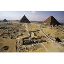 Site: Giza; View: Khufu pyramid, Khafre pyramid, Menkaure pyramid, Sphinx